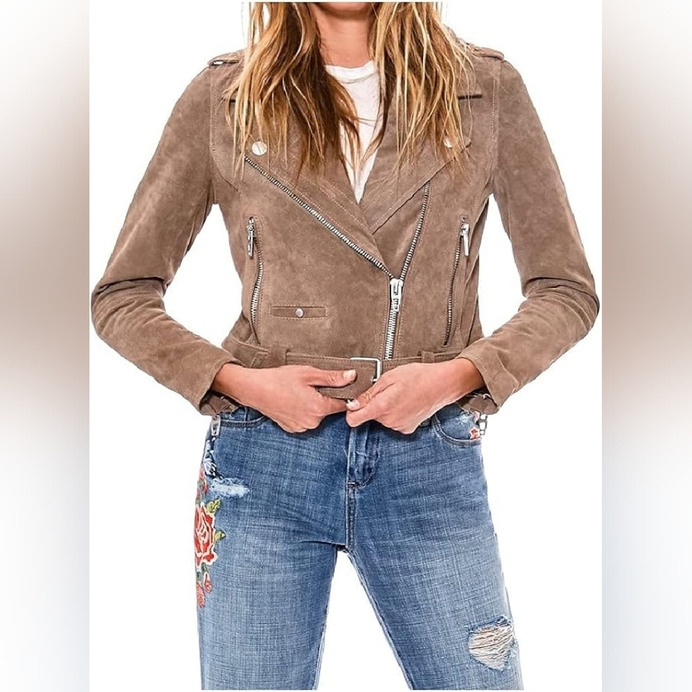 Blank NYC Genuine Leather Moto Jacket XS Tan Brown Suede Asymmetrical Zip Crop - Picture 14 of 14